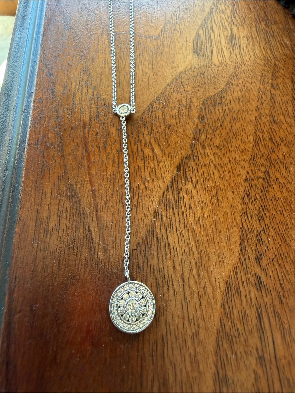 Silver Toned Crystal Drop Lariat Necklace - Silver 3 lengths. Longest 19 inches